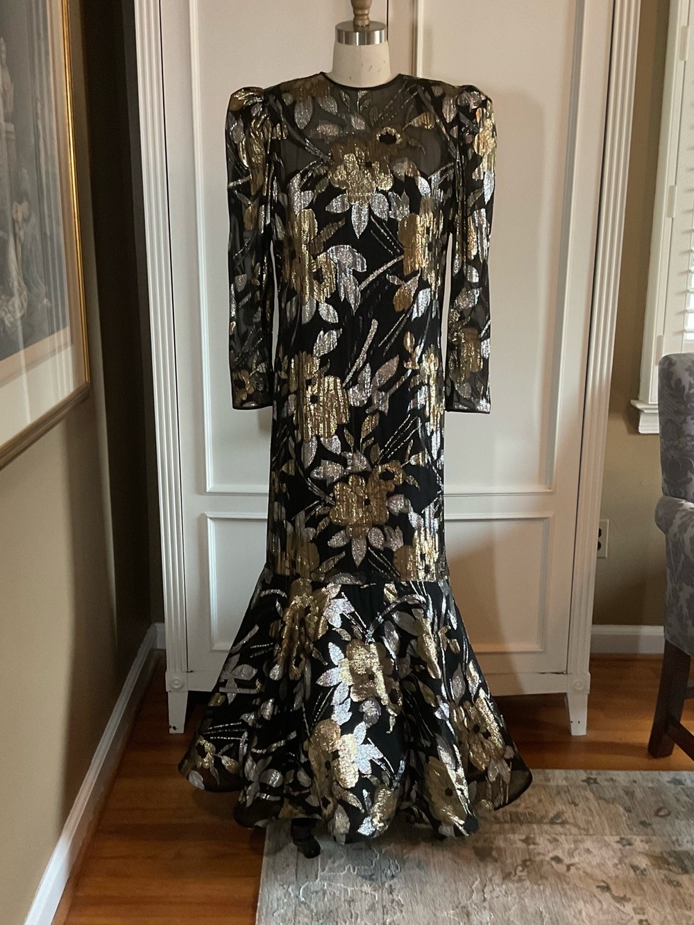 Victor Costa Vintage Black Mesh Mermaid Gown With Gold and Silver Lurex Flowers
